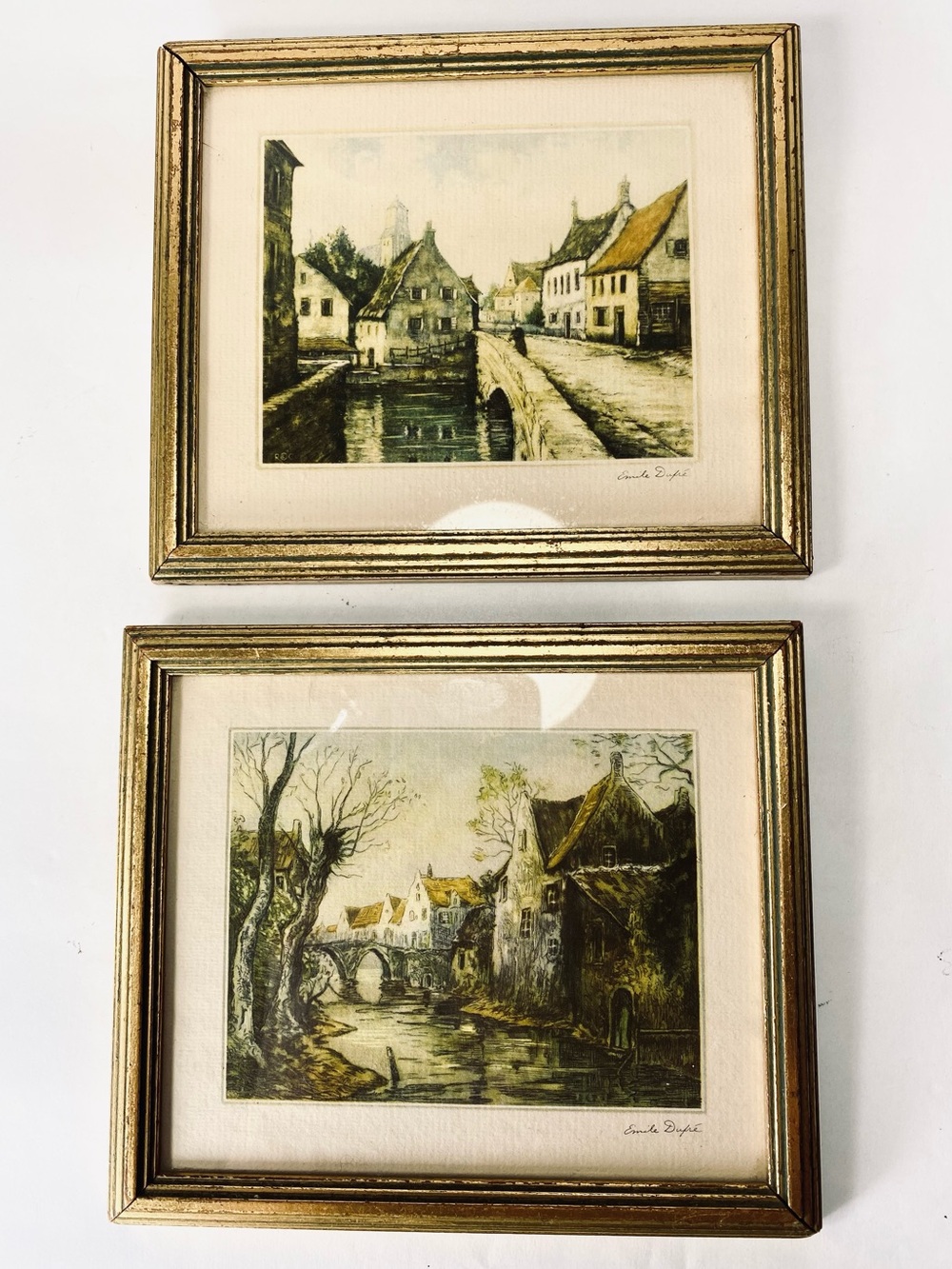 2x Jules Emile Dupre Hand Colored French Scenic Lithograph Gold Framed